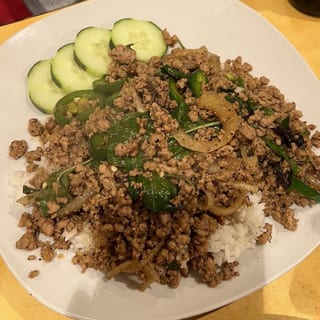 50. Basil leaf ground pork over rice